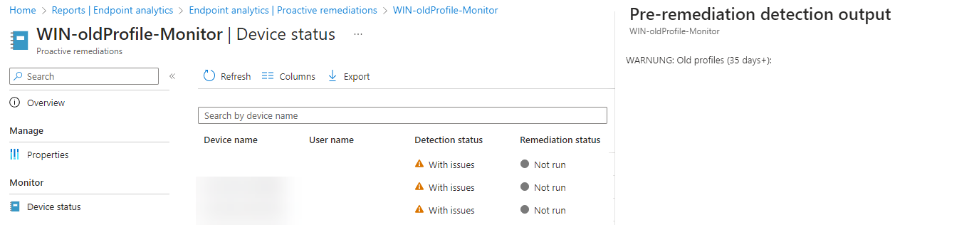 Proactive Remediation overview and device list